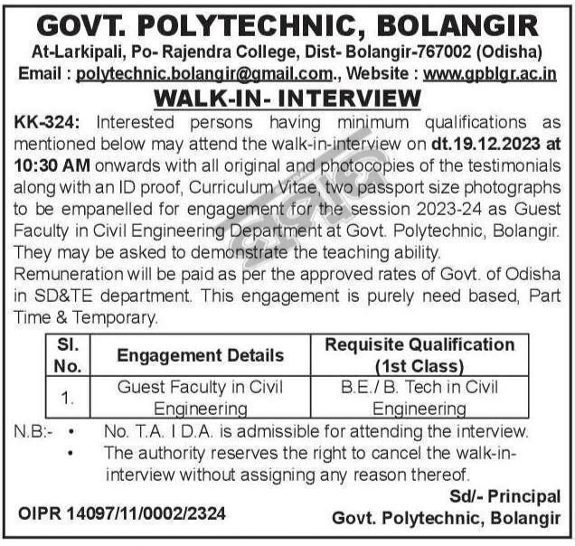 Govt Polytechnic Bolangir Recruitment 2023 Odisha Govt Job Odisha Job News Jobs In Odisha 5197